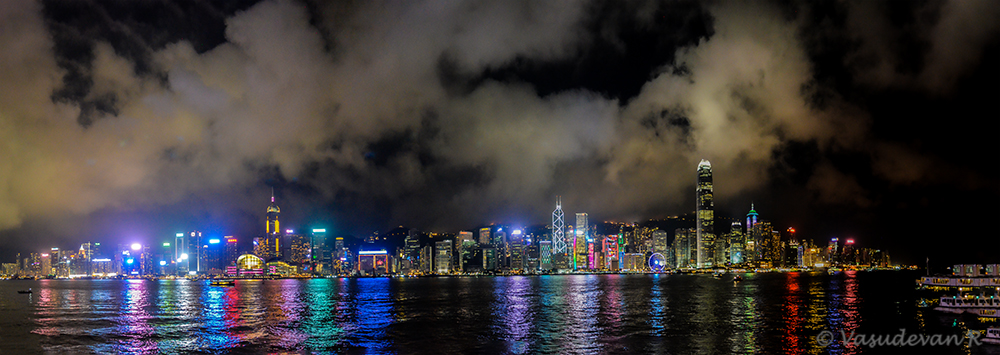Harbour City, Hong Kong at night, a panorama