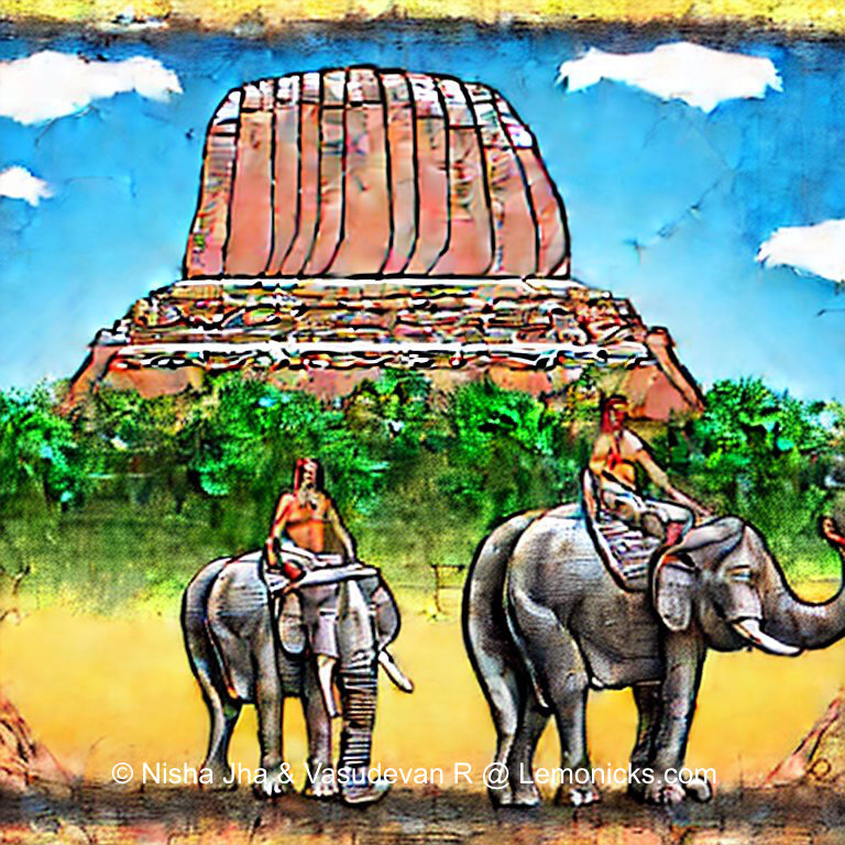 Kasyapa and migra on their elephants in front of Sigiriya citadel 